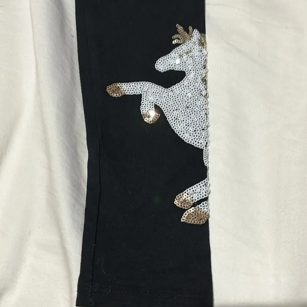 Isacc Mizrahi 7/8 black leggings sequined unicorn on ankle white gold NWT